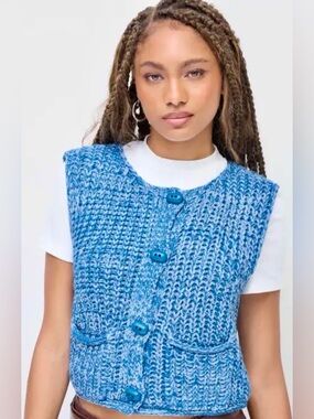 NWT - Cider Knitted Button Crop Vest in Marled Turquoise